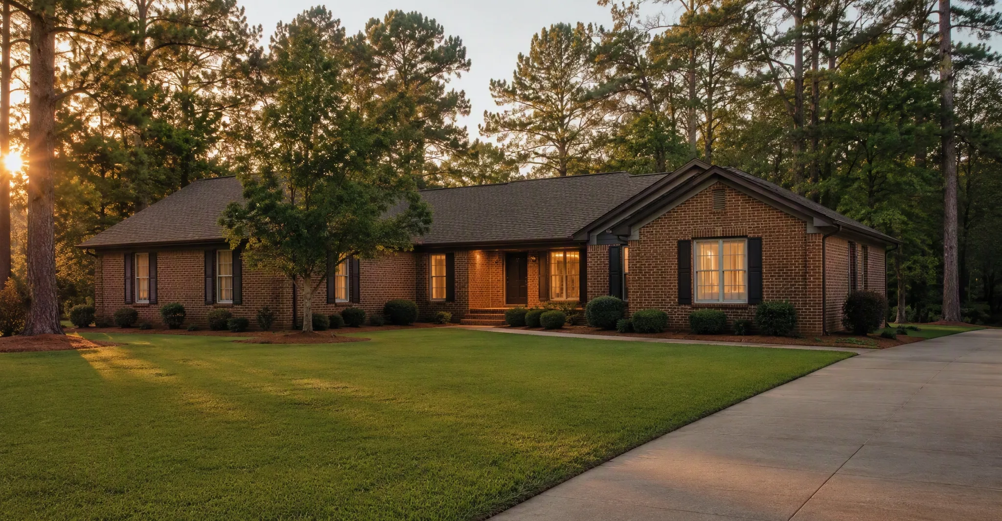 Golden-hour brick ranch home in Warner Robins, GA with a pristine lawn